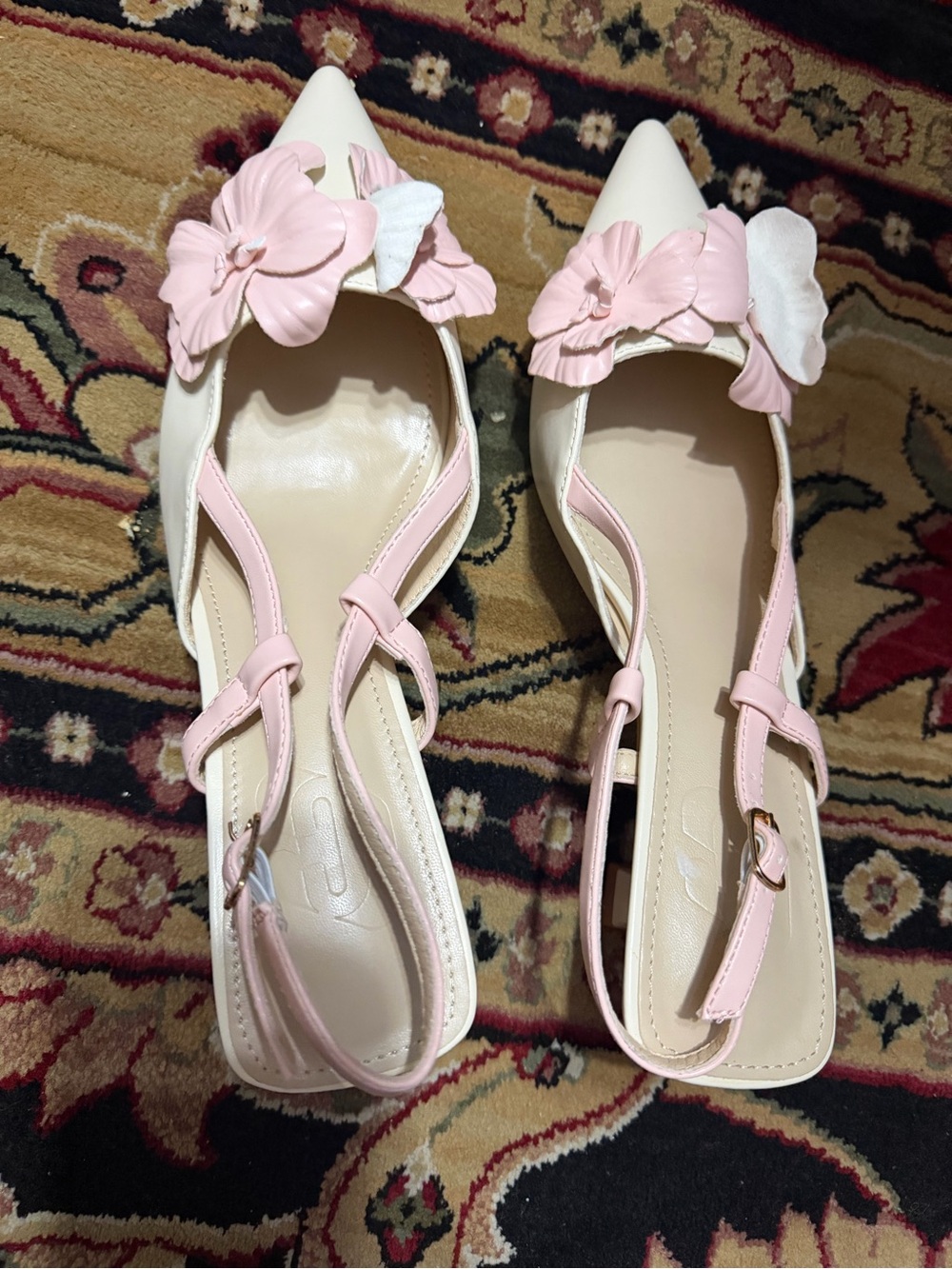 Pointed Slingback Mules with Pink Floral Applique